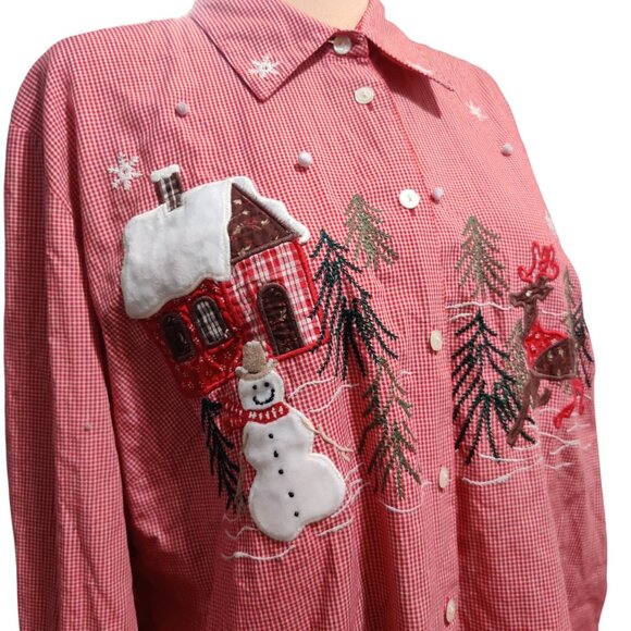 Karen Scott 2X Womens Shirt Plus Size Red Gingham Christmas Embroidered Vintage - Picture 11 of 12
